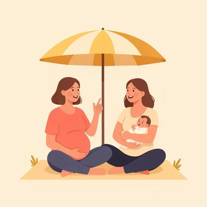 Two mothers talking under a sun umbrella β one pregnant, one with her newborn